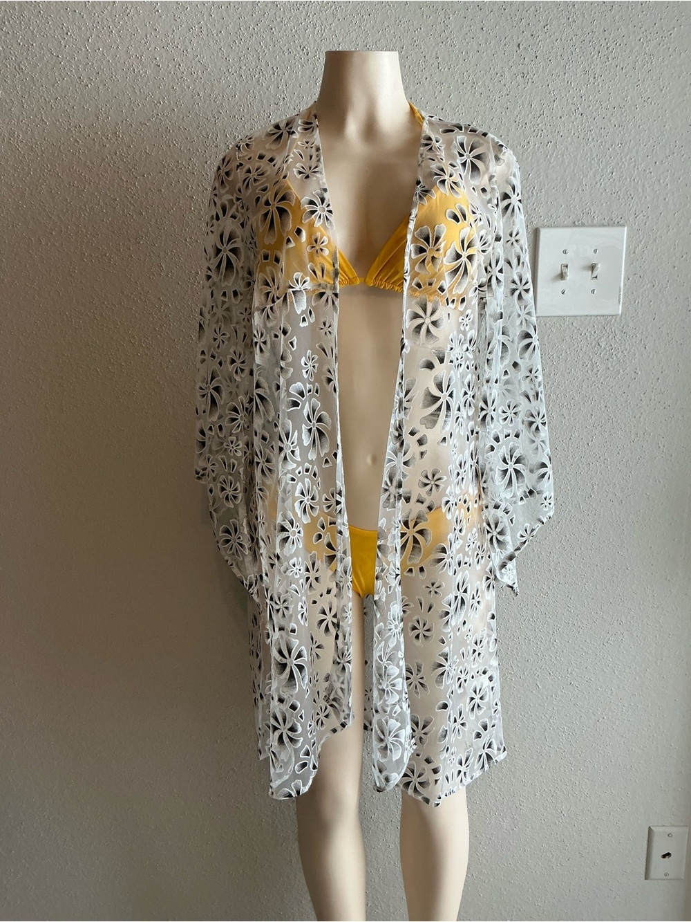 Sheer White Floral Lace Kimono Cover-Up with Yellow Bikini - Picture 1 of 4